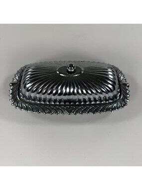 Vintage Metal Covered Butter Dish With Glass Insert Sunburst Pattern Ornate Trim